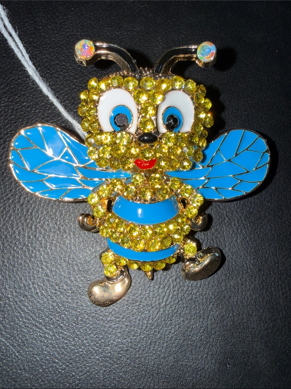 Playful Bee Brooch in Yellow Crystal and Blue Enamel